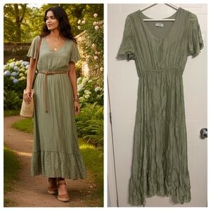 Sage Green Silk Maxi Dress S Coastal Grandmother Italian Crinkle Boho Gown